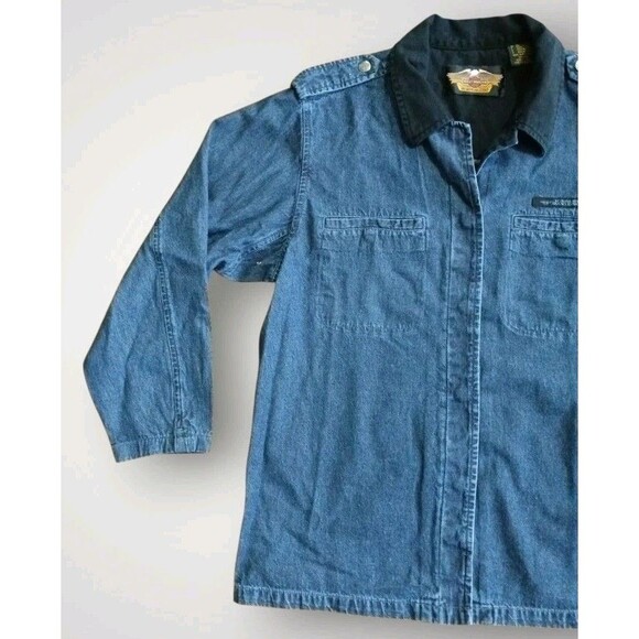 Harley Davidson Womens Denim Embroidered Shacket Snap Up Size L - Picture 2 of 7